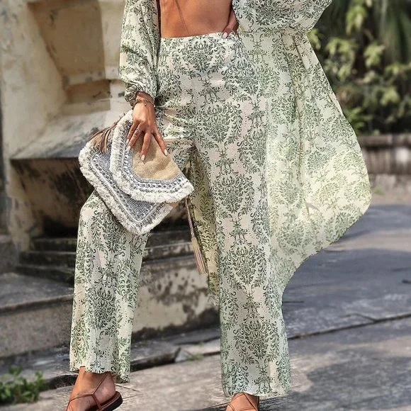 Green Boho Womens Allover Print Lantern Sleeve Shirt & Wide Leg Pants - Picture 2 of 5